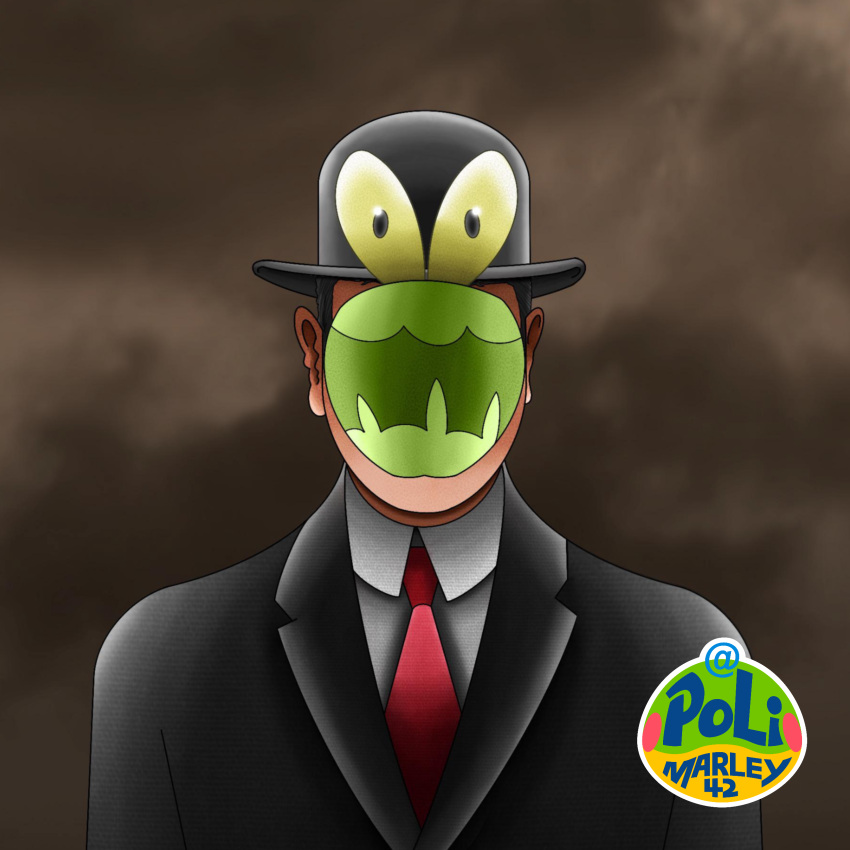 1:1 2024 absurd_res ambiguous_gender amphibian apple applin artist_logo artist_name beady_eyes black_clothing black_coat black_eyes black_hat black_headwear black_topwear bowler_hat clothing cloud cloudy cloudy_sky coat collared_shirt dragon duo eyestalks food food_creature fruit generation_2_pokemon generation_8_pokemon green_apple hat headgear headwear hi_res human hybrid logo looking_at_viewer male mammal necktie nintendo obscured_face overcoat parody plant pokemon pokemon_(species) polimarley42 politoed portrait red_necktie rene_magritte shiny_pokemon shirt sky son_of_man topwear white_clothing white_shirt white_topwear yellow_sclera