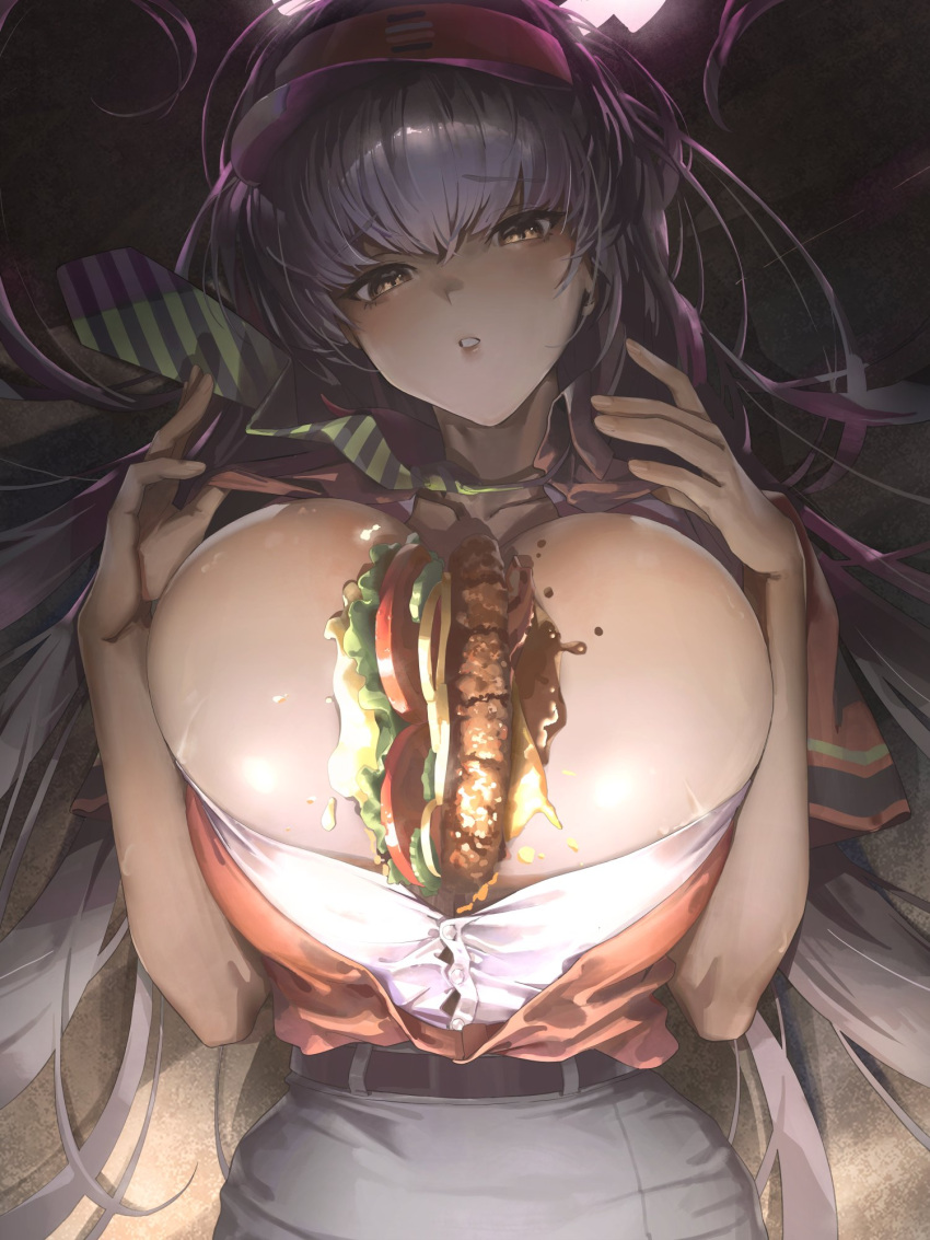 1girl alternate_costume belt black_hair blue_archive blush breasts breasts_squeezed_together burger bursting_breasts buttons cowboy_shot dark-skinned_female dark_skin employee_uniform food food_between_breasts green_necktie halo highres huge_breasts karin_(blue_archive) long_hair looking_at_viewer lying necktie on_back parted_lips pencil_skirt pink_halo raised_eyebrows red_headwear red_shirt shirt skirt solo striped_necktie teeth uniform very_long_hair visor_cap white_shirt wonchun