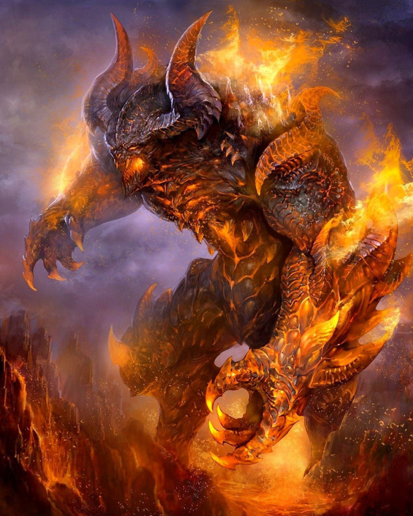 balrog claws demon demon_horns fire glowing glowing_eyes glowing_mouth highres horns molten_rock non-web_source outdoors ozma