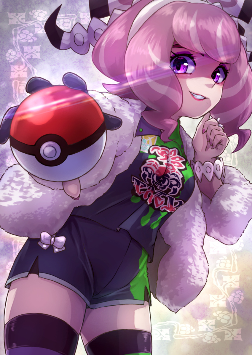 1girl asymmetrical_legwear bracelet breasts coat collared_shirt drill_hair eyeshadow flipped_hair fur_coat fur_jacket hairband highres holding holding_poke_ball jacket jewelry klara_(pokemon) kotobukkii_(yt_lvlv) makeup medium_breasts mismatched_legwear mole mole_under_mouth pink_eyeshadow pink_hair pink_lips poke_ball poke_ball_(basic) pokemon pokemon_swsh print_shirt print_shorts print_thighhighs purple_eyes shaded_face shirt shorts side_slit side_slit_shorts solo thighhighs twin_drills white_coat white_hairband white_jacket