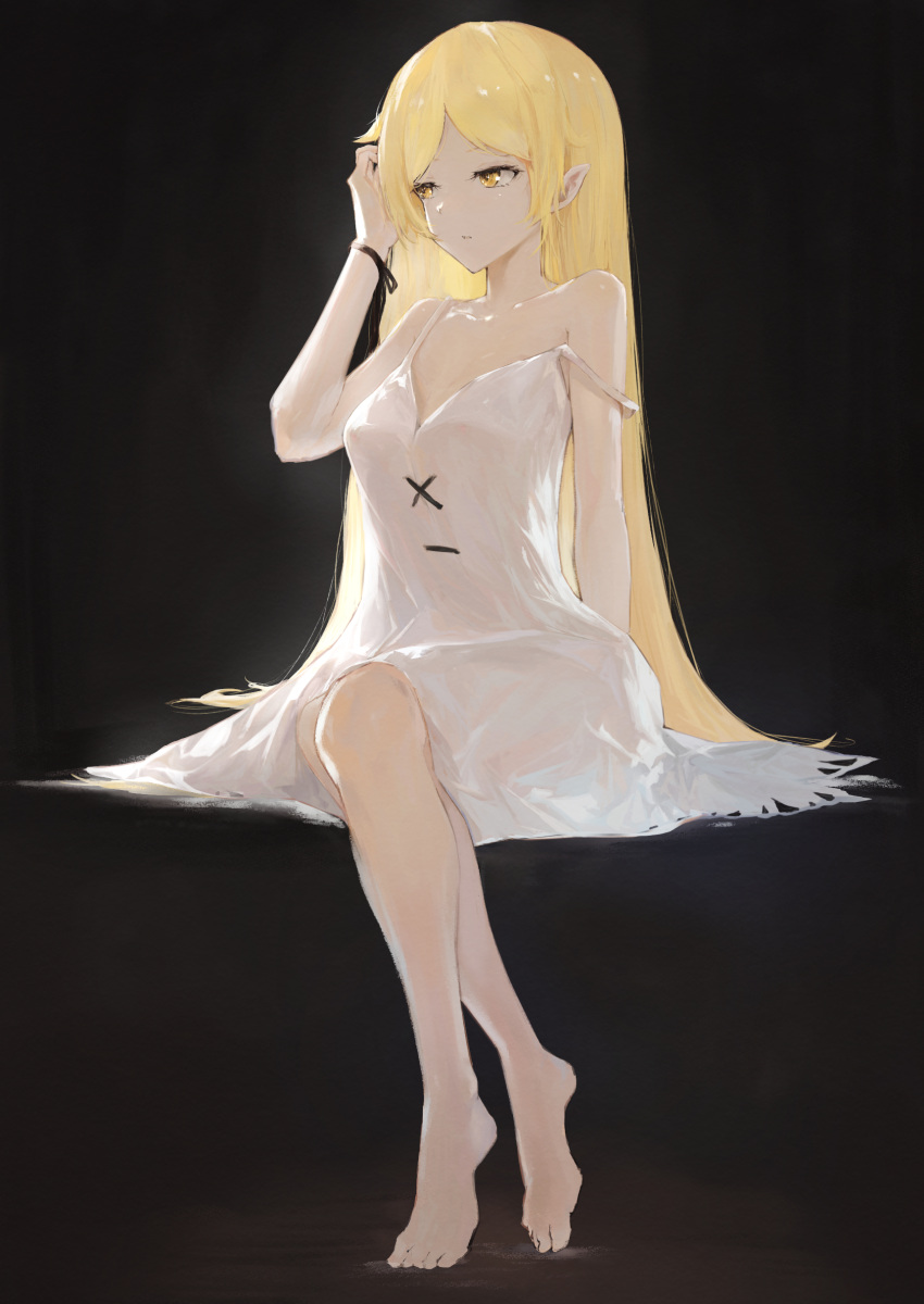 1girl absurdres bare_shoulders barefoot black_background black_ribbon blonde_hair breasts dress expressionless full_body highres kiss-shot_acerola-orion_heart-under-blade kissshotmagia kizumonogatari long_hair looking_to_the_side monogatari_(series) oshino_shinobu pointy_ears ribbon sitting sleeveless sleeveless_dress small_breasts solo strap_slip white_dress wrist_ribbon yellow_eyes