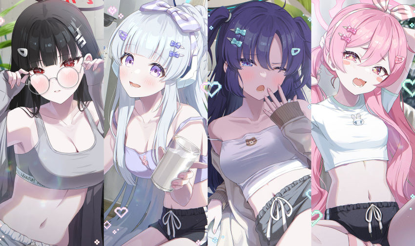 4girls ;o absurdres alternate_costume armpits bespectacled black_hair black_shorts blue_archive blush breasts camisole cleavage collarbone column_lineup crop_top cropped_shirt cup dolphin_shorts fingernails glasses grey_hair grey_shorts grey_sports_bra hair_ornament hairclip halo hands_on_eyewear heart highres holding holding_cup koyuki_(blue_archive) large_breasts linea_alba looking_at_viewer medium_breasts milk momomoi_momoi multiple_girls noa_(blue_archive) one_eye_closed pink_hair pixel_heart purple_hair rio_(blue_archive) round_eyewear seminar_(blue_archive) shirt shorts small_breasts sports_bra star-shaped_pupils star_(symbol) stomach symbol-shaped_pupils thighhighs white_camisole white_shirt yawning yuuka_(blue_archive)