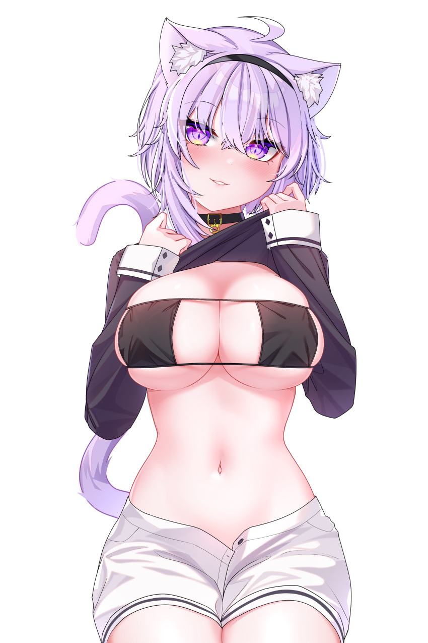 1girl absurdres ahoge animal_ear_fluff animal_ears aurahman black_bra black_collar black_headband black_shirt blush bra breasts cat_ears cat_tail cleavage clothes_lift clothes_pull collar hair_between_eyes headband highres hololive large_breasts light_smile looking_at_viewer naughty_face navel nekomata_okayu nekomata_okayu_(1st_costume) presenting_bra presenting_breasts presenting_stomach purple_eyes purple_hair purple_tail shirt shirt_lift shirt_pull shorts sidelocks smile solo stomach tail teeth thighs underwear virtual_youtuber white_background white_shorts white_wrist_cuffs