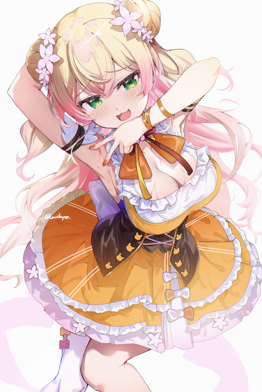 1girl :3 absurdres arm_behind_head arm_up armpits artist_name blonde_hair blush breasts cleavage commentary double_bun dress fang flower frilled_dress frills gradient_hair green_eyes hair_between_eyes hair_bun hair_flower hair_ornament highres hololive large_breasts laudayon looking_at_viewer momosuzu_nene momosuzu_nene_(1st_costume) multicolored_hair open_mouth orange_dress pink_hair simple_background single_thighhigh skin_fang sleeveless sleeveless_dress smug solo spread_armpit symbol-only_commentary thighhighs two-tone_hair virtual_youtuber white_background white_thighhighs