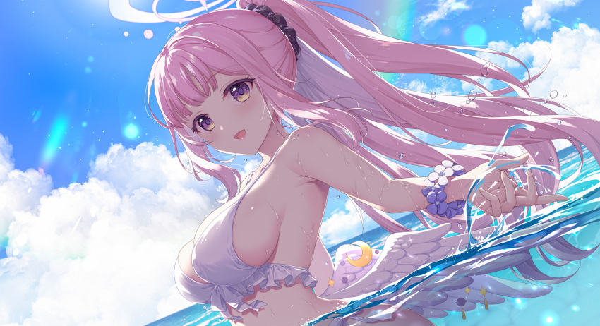 1girl alpha_(yukai_na_nakamatachi) angel_wings bikini black_scrunchie blue_archive blush breasts crescent crescent_pin day feathered_wings hair_ornament hair_scrunchie halo highres large_breasts long_hair mika_(blue_archive) open_mouth outdoors partially_submerged pink_hair pink_halo ponytail scrunchie smile solo swimsuit upper_body water white_bikini white_wings wings yellow_eyes