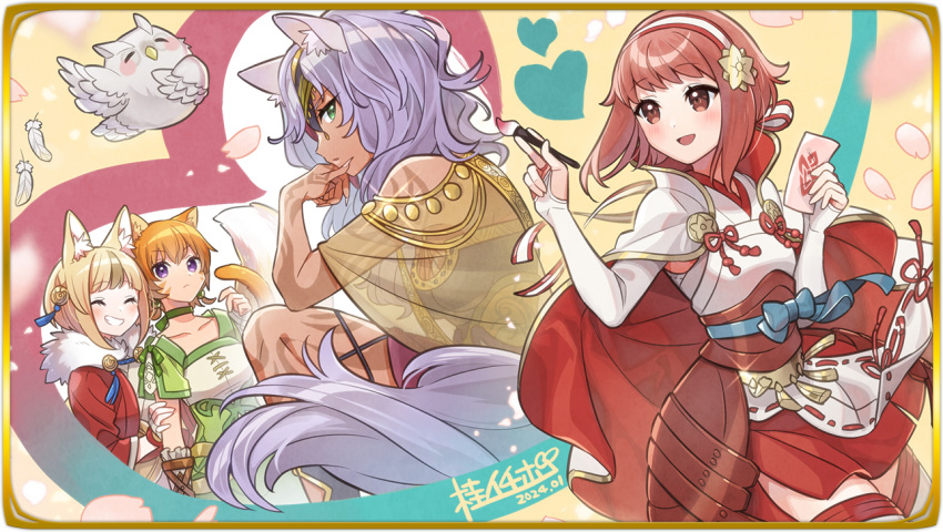 4girls animal_ears bird blonde_hair blue_eyes breasts calligraphy_brush cat_ears cat_girl cat_tail choker closed_eyes dark-skinned_female dark_skin eyepatch feathers feh_(fire_emblem_heroes) fire_emblem fire_emblem:_path_of_radiance fire_emblem:_radiant_dawn fire_emblem_fates fire_emblem_heroes fox_ears fox_girl fur-trimmed_kimono fur_trim grin hairband japanese_clothes kimono lethe_(fire_emblem) medium_breasts multiple_girls muscular muscular_female nailah_(fire_emblem) official_art owl paintbrush pink_hair red_eyes sakura_(fire_emblem) selkie_(fire_emblem) short_hair smile tail upper_body wolf_ears wolf_girl wolf_tail