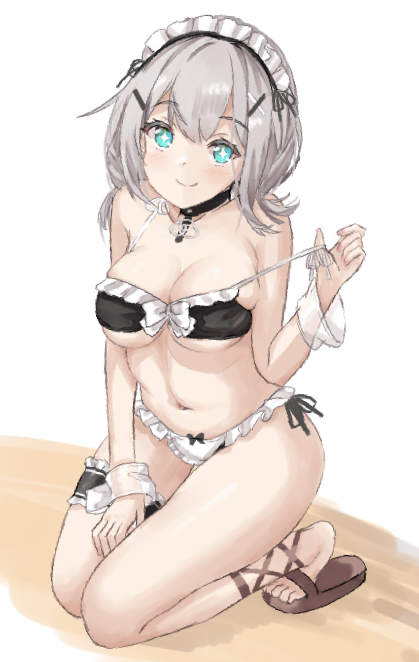 1girl ? azur_lane bare_arms bare_shoulders bikini blush bow breasts brown_footwear choker cleavage closed_mouth collarbone frilled_bikini frills full_body grey_hair hair_between_eyes hair_ornament hairclip highres kneeling large_breasts long_hair looking_at_viewer maid maid_bikini maid_headdress manchester_(azur_lane) medium_breasts mumei_shumi navel ribbon sandals short_hair simple_background sitting smile solo stomach swimsuit thighs unconventional_maid wariza white_background wrist_cuffs