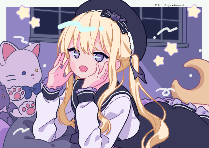 1girl :d beret black_dress black_headwear black_sailor_collar blonde_hair commentary_request crescent dated dress hair_between_eyes hands_up hat long_hair long_sleeves looking_at_viewer lying neki_(wakiko) on_stomach pillow puffy_long_sleeves puffy_sleeves purple_eyes re:act sailor_collar sailor_dress shirt sidelocks sleeveless sleeveless_dress sleeves_past_wrists smile solo star_(symbol) stuffed_animal stuffed_cat stuffed_toy tsukushi_aria twintails twitter_username very_long_hair virtual_youtuber white_shirt window