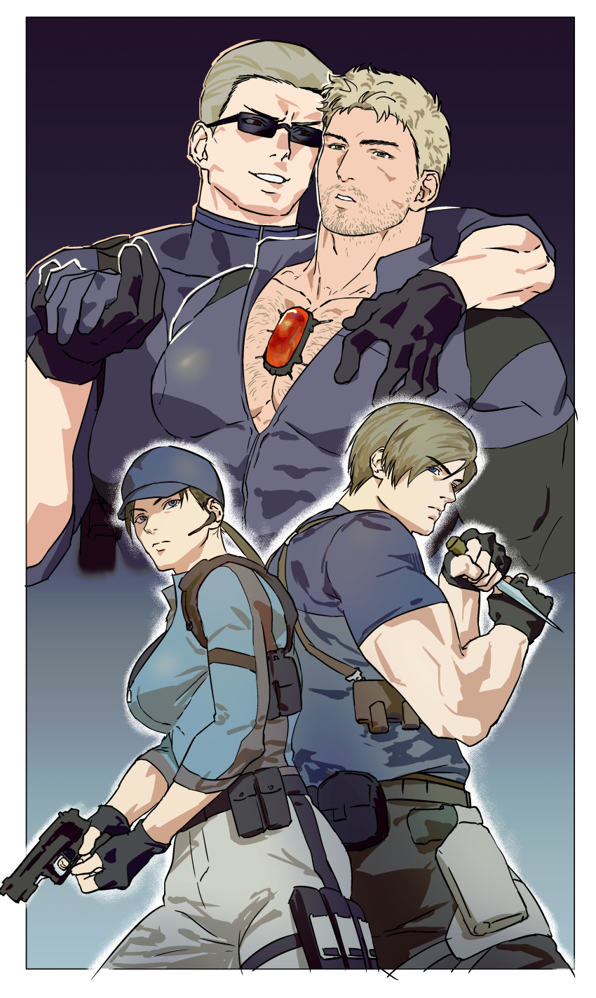 123456dyom 1girl 3boys absurdres albert_wesker alternate_hair_color bara baseball_cap beard_stubble black_bodysuit black_gloves black_pants black_shirt blonde_hair blue_shirt bodysuit breasts chest_hair chris_redfield closed_mouth evil_smile facial_hair fingerless_gloves gloves grey_pants gun hat highres holding holding_gun holding_weapon huge_pectorals jill_valentine large_breasts leon_s._kennedy long_hair multiple_boys muscular muscular_male mustache_stubble pants parted_lips pectoral_cleavage pectorals ponytail resident_evil resident_evil_4 resident_evil_5 shirt short_hair smile sunglasses weapon