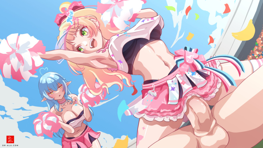 blonde_hair blue_hair cheerleader clothed_female_nude_male clothed_sex covered_penetration dr-alu green_eyes hololive momosuzu_nene navel nude open_mouth penis pointy_ears pom_pom_(cheerleading) reverse_cowgirl_position sex skirt straddling uncensored yellow_eyes yukihana_lamy