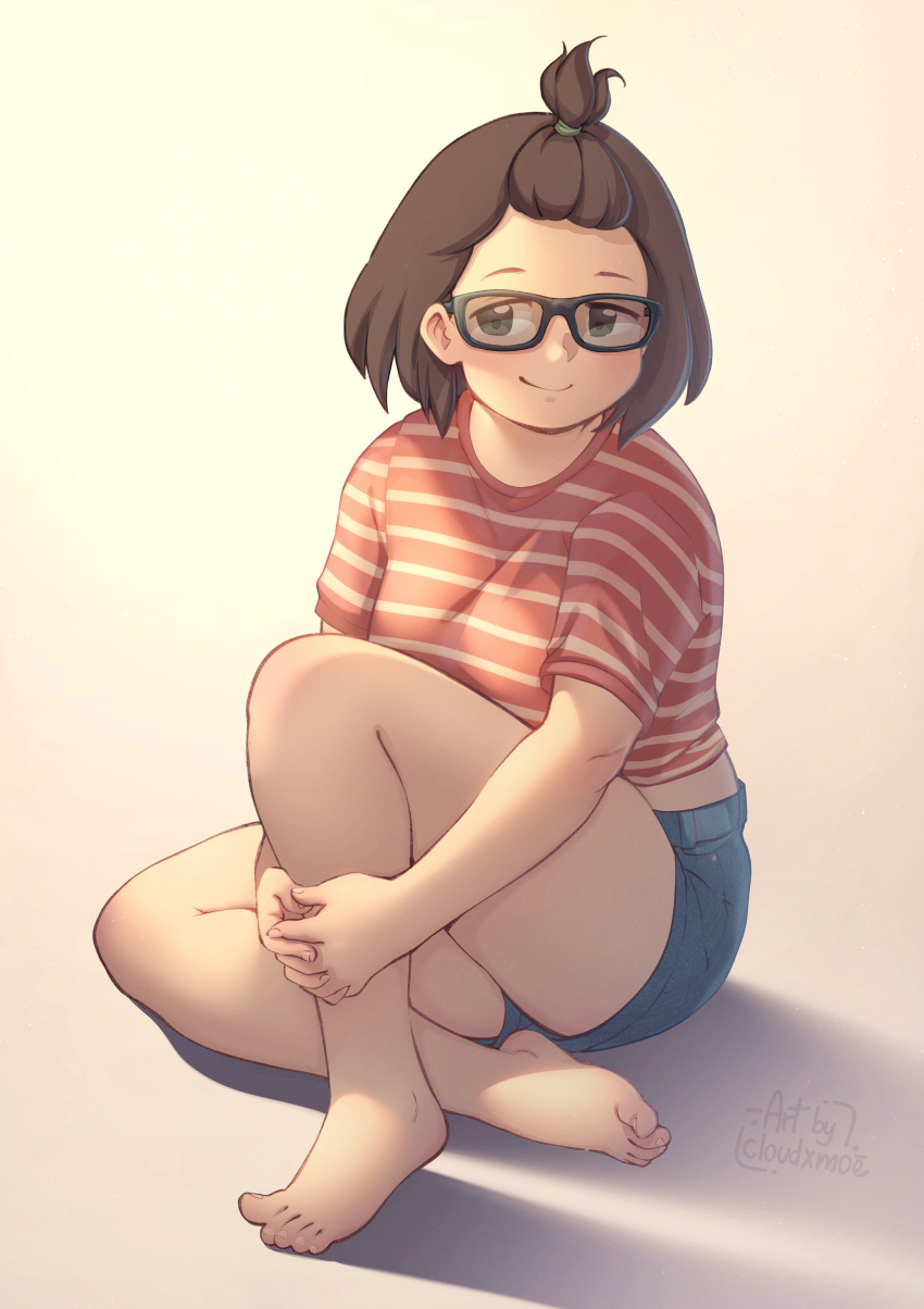 1girl absurdres artist_name character_request closed_mouth cloudxmoe copyright_request english_text full_body glasses hair_tie highres looking_at_viewer medium_hair shadow shirt short_sleeves shorts simple_background sitting solo t-shirt tareme thick_thighs thighs