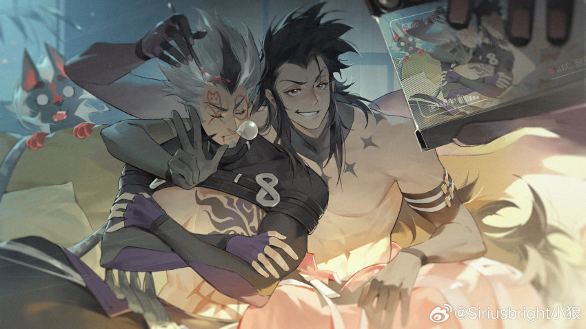 2boys abs bara black_gloves black_hair chinese_commentary commentary_request dislyte dog extra_arms facial_hair fangs fingerless_gloves gloves goatee highres holding holding_calligraphy_brush holding_phone ink_on_face leaning_on_person li_ling_(nezha) multicolored_hair multiple_boys muscular muscular_male o_o open_mouth pectorals phone prank red_eyes screamer_(dislyte) selfie siriusbright_(xiaolang) sitting sleep_bubble sleeping surprised tattoo topless_male weibo_logo weibo_username yun_chuan_(yang_jian)_(dislyte)