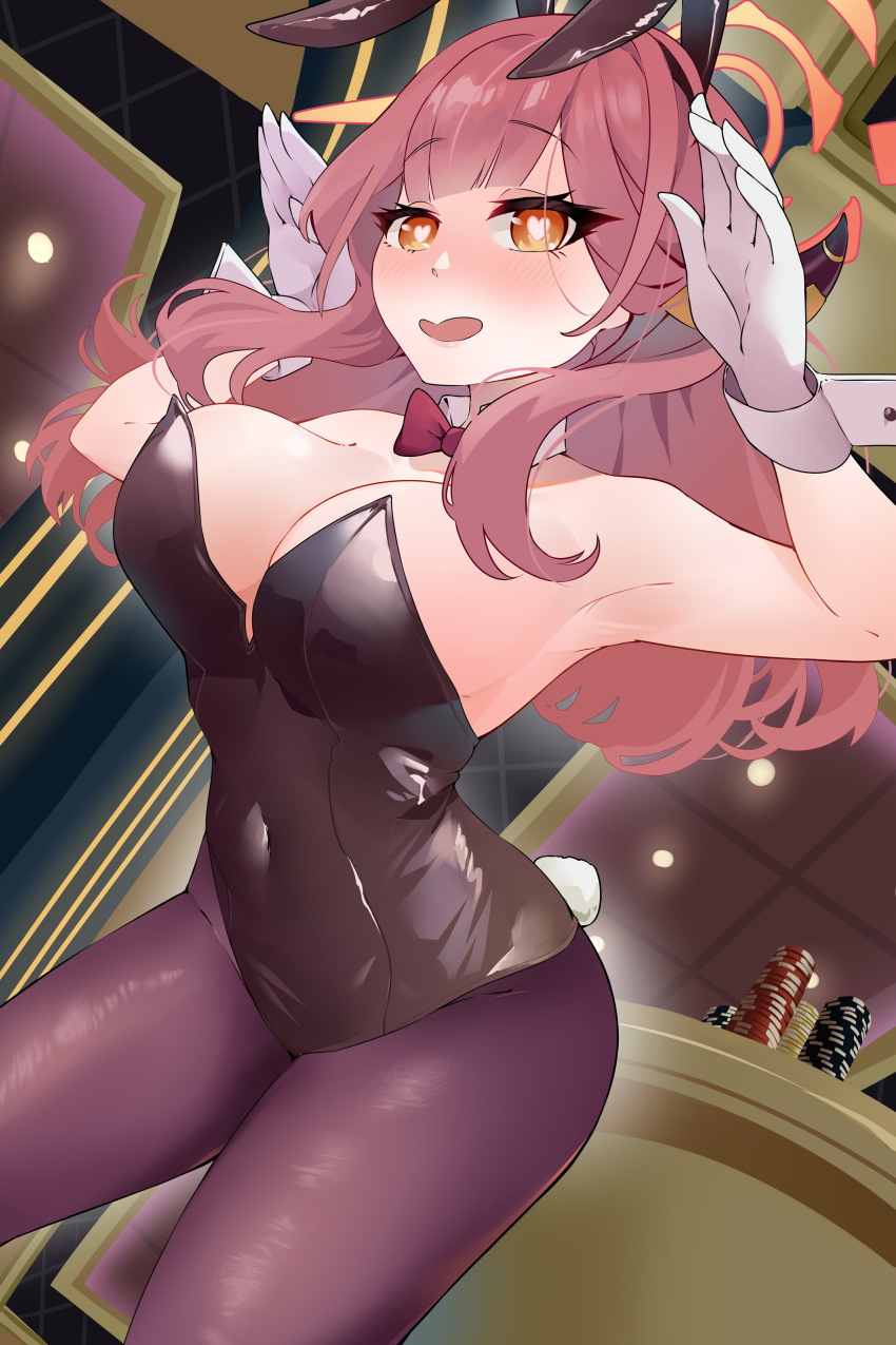 1girl absurdres armpits aru_(blue_archive) billmors black_leotard blue_archive breasts cleavage collar detached_collar gloves halo heart heart-shaped_pupils highres large_breasts leotard long_hair looking_at_viewer open_mouth pantyhose pink_hair playboy_bunny poker_chip purple_pantyhose solo strapless strapless_leotard symbol-shaped_pupils white_collar white_gloves white_wrist_cuffs yellow_eyes