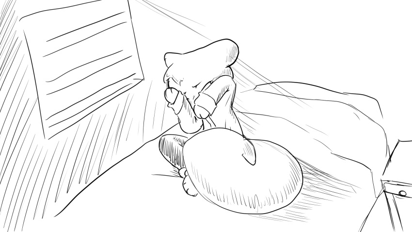 16:9 animal_crossing anthro bed bedroom bodily_fluids clothed clothing crying dragonweirdo furniture hi_res looking_up male mammal marshal_(animal_crossing) monochrome nintendo rodent sad sciurid solo tail tears tree_squirrel widescreen window