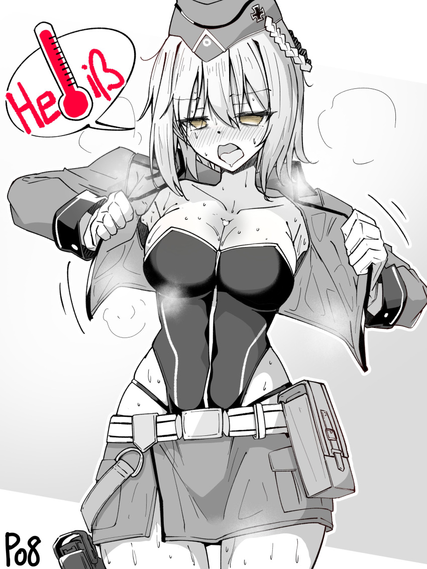 1girl absurdres blank_eyes blush breasts character_name cleavage cropped_jacket garrison_cap german_text girls'_frontline hat highres holster jacket leotard light_brown_eyes liquid-in-glass_thermometer medium_breasts minami_shin_(zenshuu_bougyo) open_clothes open_jacket open_mouth p08_(girls'_frontline) short_hair skirt solo steam steaming_body straight-on sweat thermometer thigh_holster tongue tongue_out