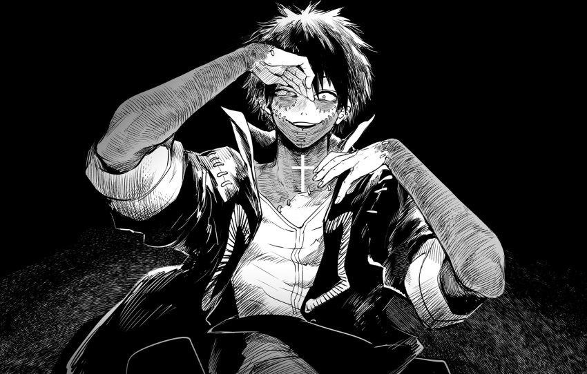 1boy black_background boku_no_hero_academia burn_scar cheek_piercing dabi_(boku_no_hero_academia) ear_piercing evil_smile greyscale highres jacket looking_at_viewer male_focus monochrome multicolored_hair multiple_piercings multiple_scars nose_piercing open_mouth piercing popped_collar scar scar_on_arm scar_on_face scar_on_hand scar_on_mouth scar_on_neck short_hair sleeves_rolled_up smile spiked_hair staple stapled stitches upper_body wrinkled_skin yokoyari_mengo