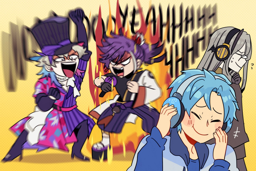 4boys arm_up banzoin_hakka banzoin_hakka_(1st_costume) black_gloves blue_hair blurry boots closed_eyes coat english_commentary english_text feather_hair_ornament feathers fire full_body gavis_bettel glasses gloves grey_hair hair_between_eyes hair_ornament hat hat_ribbon headphones high_heel_boots high_heels high_ponytail highres holding holding_microphone holostars holostars_english laughing light_blue_hair long_hair male_focus microphone ministarfruit multicolored_coat multiple_boys music noir_vesper noir_vesper_(old_design) open_mouth pink_hair purple_hair regis_altare ribbon roaring sandals screaming singing smile socks sound_effects sweatdrop top_hat virtual_youtuber white_eyes white_socks