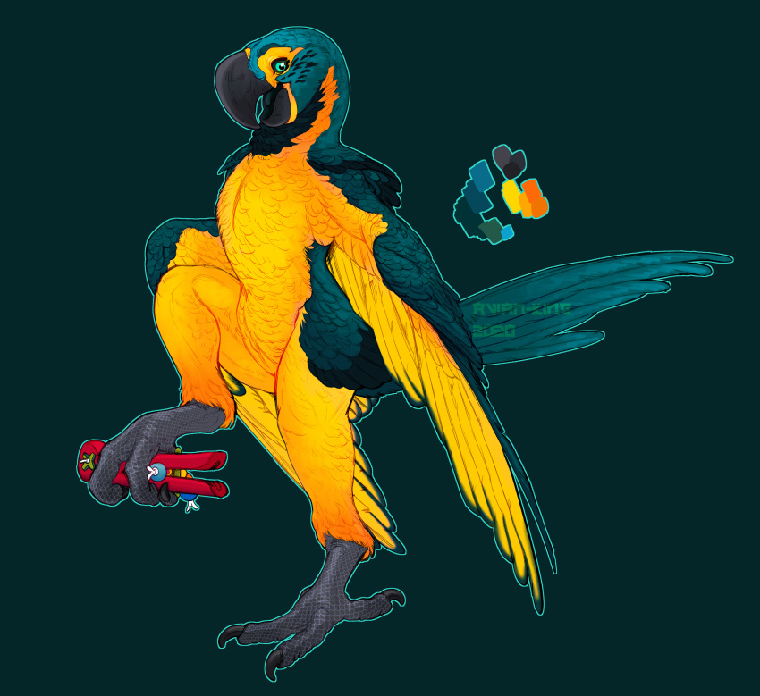 absurd_res anthro avian avian-king beak biped bird claws color_swatch feathered_wings feathers hi_res holding_object macaw male neotropical_parrot parrot solo tail true_parrot wings yellow_body yellow_feathers