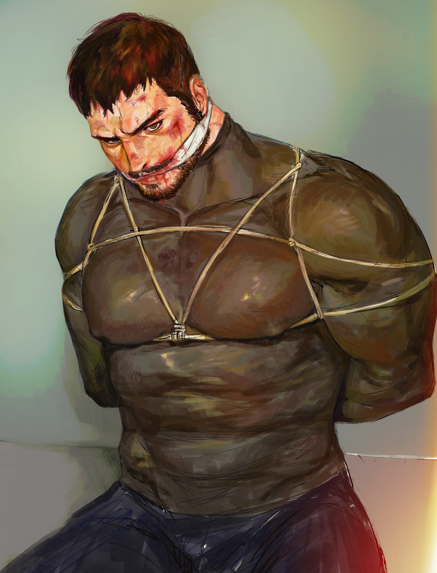 123456dyom 1boy absurdres arms_behind_back bara black_hair black_pants black_shirt blood blood_from_mouth blood_on_face bound bound_arms chris_redfield covered_nipples facial_hair gag gagged highres injury large_pectorals male_focus muscular muscular_male pants pectorals resident_evil resident_evil_village rope shibari shibari_over_clothes shirt short_hair solo underbust