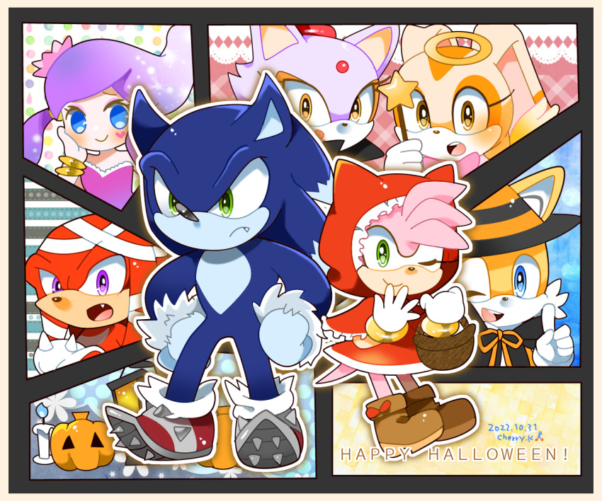 3boys 4girls amy_rose animal_ears basket blaze_the_cat blue_eyes blue_fur brown_eyes brown_footwear candle cat_ears cat_girl cream_the_rabbit fang forehead_jewel furry furry_female furry_male ghost_girl green_eyes happy_halloween holding holding_basket holding_wand knuckles_the_echidna kusunoki_cherry multiple_boys multiple_girls one_eye_closed orange_fur pink_fur pumpkin purple_fur purple_hair raa_(sonic) rabbit_ears rabbit_girl red_footwear red_fur red_hood smile sonic_(series) sonic_the_werehog tails_(sonic) wand yellow_eyes