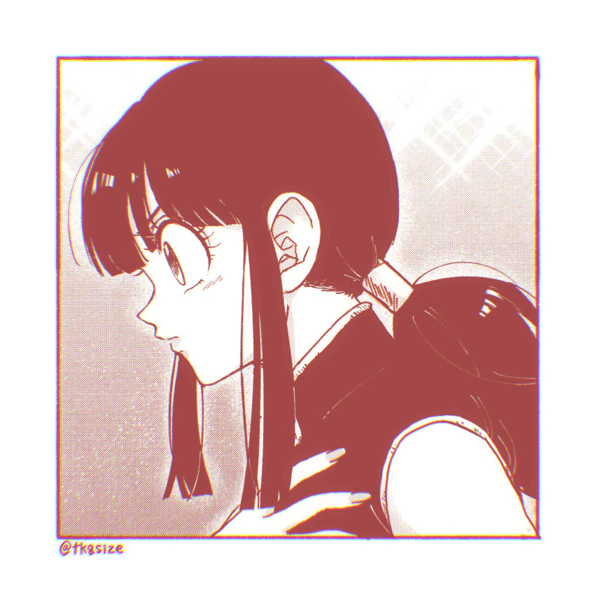 1girl arm_at_side black_hair blunt_bangs border chi-chi_(dragon_ball) china_dress chinese_clothes chromatic_aberration close-up closed_mouth dragon_ball dragon_ball_(classic) dress eyelashes film_grain fingernails frown gradient_background hair_tubes halftone halftone_texture hand_on_own_chest hand_up high_collar highres light_blush lips long_eyelashes long_hair looking_afar monochrome nape ponytail profile red_theme sepia serious sidelocks sleeveless sleeveless_dress solo sparkle sparkle_background straight_hair tareme tkgsize twitter_username upper_body white_border wide-eyed