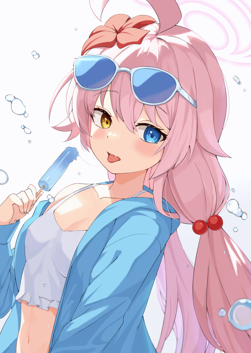 1girl absurdres ahoge blue_archive blue_jacket blush breasts eyewear_on_head feza_chen_(ushaku) food highres holding holding_food hoshino_(blue_archive) hoshino_(swimsuit)_(blue_archive) jacket looking_at_viewer navel official_alternate_costume open_clothes open_jacket pink_hair popsicle revision simple_background small_breasts solo sunglasses tongue tongue_out upper_body water_drop white_background yellow_eyes