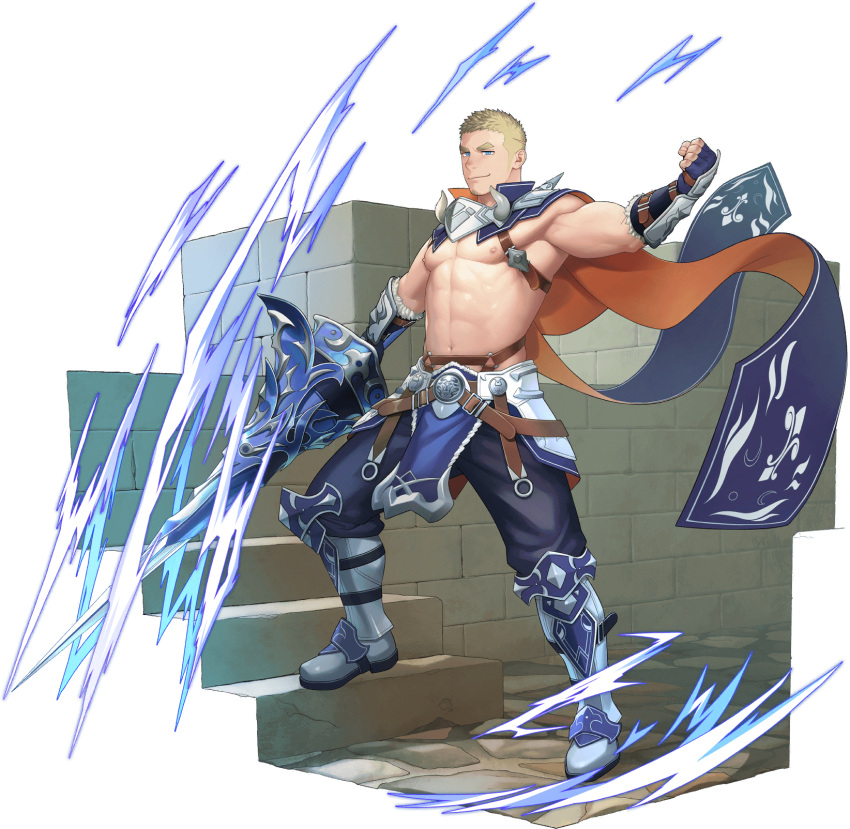 1boy abs armpits bara belt biceps blonde_hair blue_eyes boots cape delafere_(gyee) electricity facial_hair fingerless_gloves gauntlets gloves gyee highres holding holding_polearm holding_weapon itto_(mentaiko) leather leather_belt leg_armor loincloth looking_at_viewer male_focus manly nipples non-web_source official_art pants pectorals polearm short_hair smirk solo spear spiked_hair stairs stone_stairs stubble thick_arms thick_eyebrows topless_male weapon