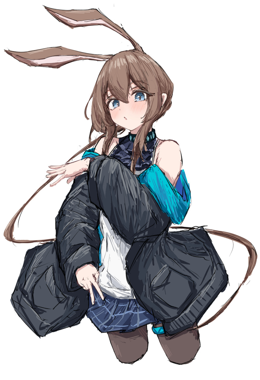 1girl :o absurdres amiya_(arknights) animal_ears arknights ascot bare_shoulders black_jacket blue_ascot blue_collar blue_eyes blue_skirt brown_hair brown_pantyhose collar collarbone commentary cowboy_shot cropped_legs extra_ears floating_clothes hair_between_eyes hand_up highres infection_monitor_(arknights) jacket legs_apart light_blush long_hair long_sleeves looking_at_viewer miniskirt off_shoulder open_clothes open_jacket outstretched_hand pantyhose parted_lips plaid plaid_skirt pocket ponytail rabbit_ears rabbit_girl raised_eyebrows shadow sidelocks simple_background skirt sleeveless sleeveless_sweater solo standing sweater thighlet tobildesu v very_long_hair white_background white_sweater wide_sleeves