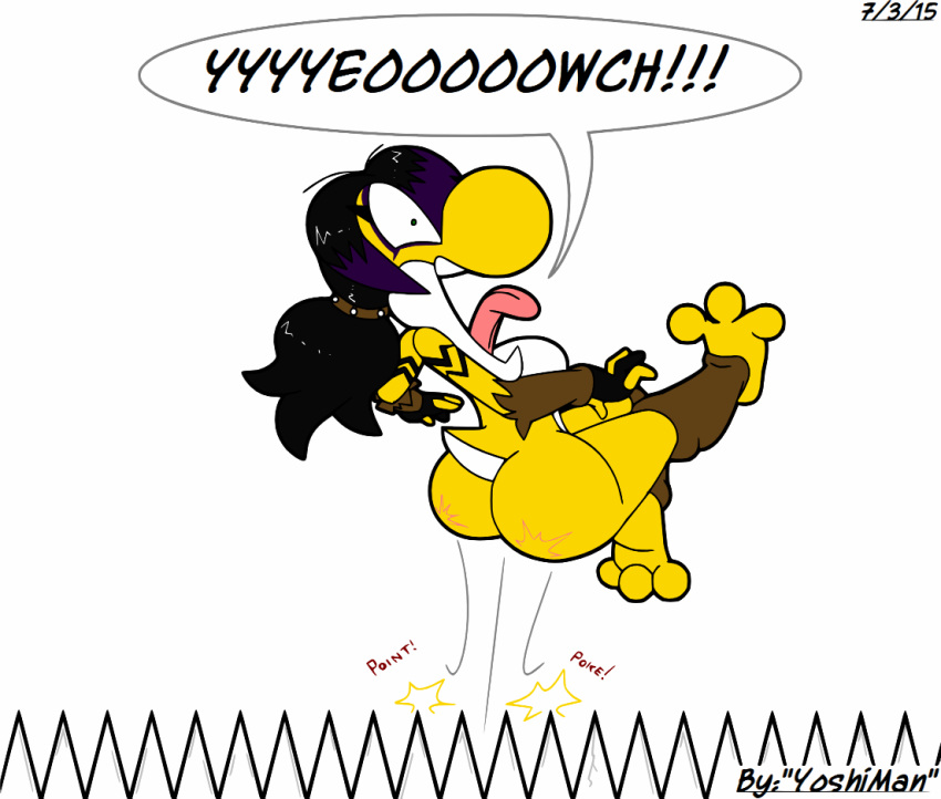 anthro big_butt black_hair breasts butt butthurt dialogue female hair mario_bros nintendo pain purple_dye screaming simple_background solo sound_effects speech_bubble tattoo text tongue yellow_yoshi yoshi yoshiman1118