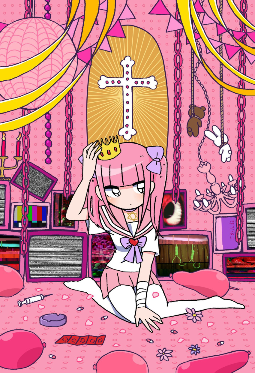 1girl adjusting_clothes adjusting_headwear balloon black_eyes blunt_bangs bow chain chandelier closed_mouth condom condom_wrapper cross crown expressionless ezaki_bisuko hair_bow heart highres menhera-chan_(ezaki_bisuko) menhera-chan_(ezaki_bisuko)_(character) no_shoes noose petals pill pink_hair pink_petals pink_sailor_collar pink_skirt pink_theme pleated_skirt purple_bow sailor_collar school_uniform serafuku short_twintails skirt solo static stuffed_animal stuffed_rabbit stuffed_toy syringe teddy_bear television thighhighs twintails white_serafuku white_thighhighs yami_kawaii