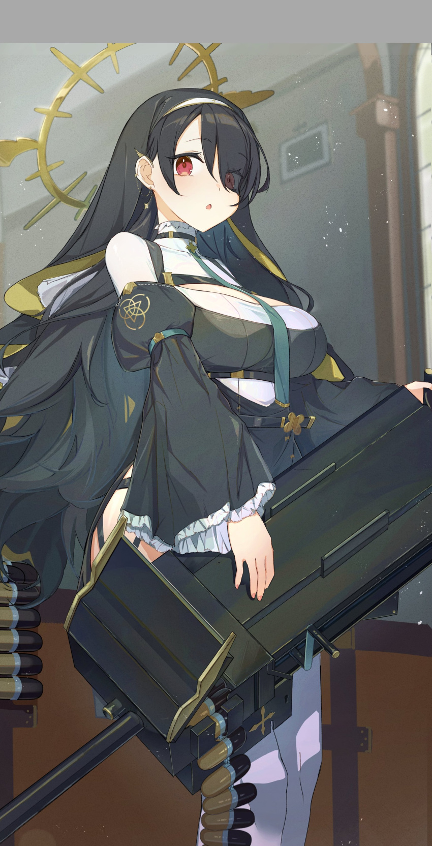 1girl absurdres black_hair blue_archive blush breasts coif eyes_visible_through_hair feet_out_of_frame green_necktie gun habit hair_over_one_eye halo highres hinata_(blue_archive) large_breasts long_hair long_sleeves looking_at_viewer necktie nun open_mouth red_eyes solo syafa thighhighs weapon white_thighhighs wide_sleeves yellow_halo