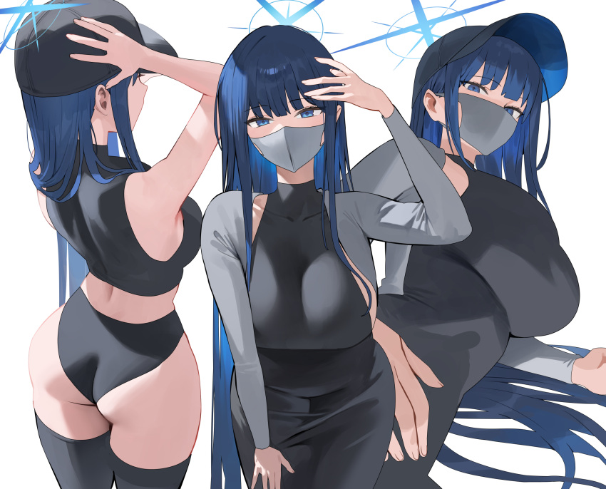 1girl arm_up ass bare_shoulders black_dress black_headwear black_panties black_thighhighs blue_archive blue_eyes blue_hair blue_halo breasts covered_mouth dongtan_dress dress halo highres hood_(james_x) large_breasts long_hair long_sleeves looking_at_viewer mask meme_attire mouth_mask multiple_views panties saori_(blue_archive) simple_background thighhighs thighs underwear white_background