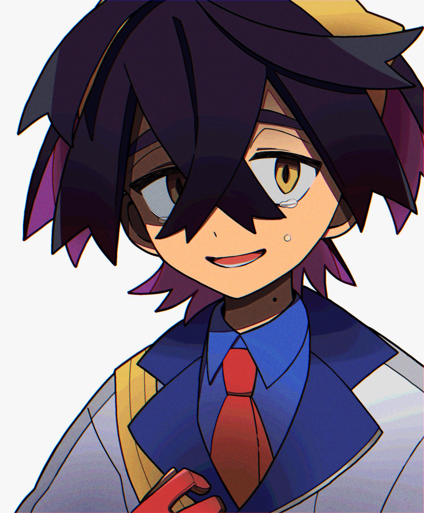 1boy black_hair blue_shirt collared_shirt colored_inner_hair commentary_request crossed_bangs hair_between_eyes hairband hand_up happy_tears highres holding_strap jacket kieran_(pokemon) male_focus mole mole_on_neck multicolored_hair necktie open_mouth pokemon pokemon_sv red_necktie shirt smile solo tears upper_body usagi_mochi_(nsi_0012) yellow_eyes yellow_hairband