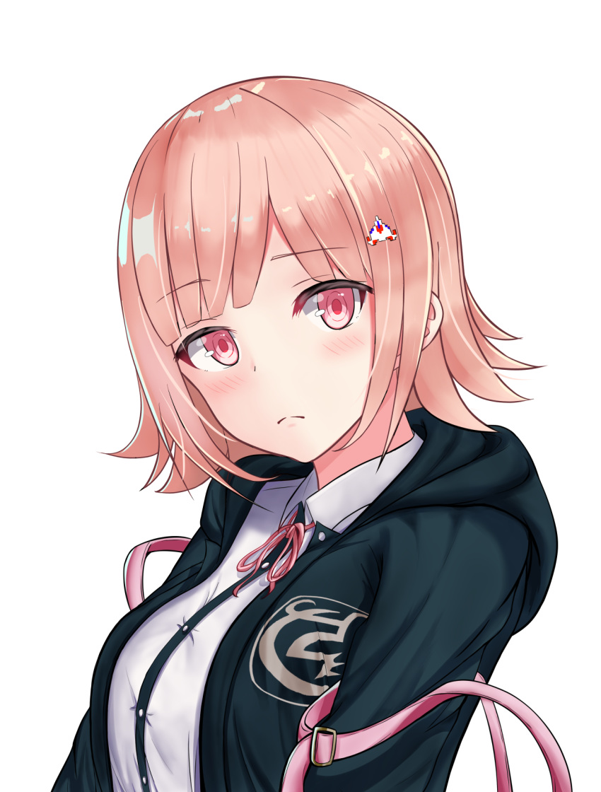 1girl backpack bag black_hoodie blush breasts closed_mouth commentary_request danganronpa eyebrows_visible_through_hair flipped_hair frown hair_ornament hairclip highres hood hoodie large_breasts looking_at_viewer nanami_chiaki open_mouth pink_eyes pink_hair pink_ribbon ribbon shirt short_hair simple_background solo super_danganronpa_2 white_background white_shirt y3010607