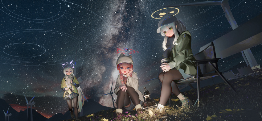 3girls absurdres beanie blonde_hair blue_archive blue_eyes blush braid closed_mouth green_eyes grey_hair grey_headwear halo hare_(blue_archive) hare_(camp)_(blue_archive) hat highres kotama_(blue_archive) kotama_(camp)_(blue_archive) long_hair maki_(blue_archive) maki_(camp)_(blue_archive) mr_ito multiple_girls night official_alternate_costume official_alternate_hairstyle open_mouth outdoors ponytail purple_eyes purple_halo red_hair red_halo smile twin_braids