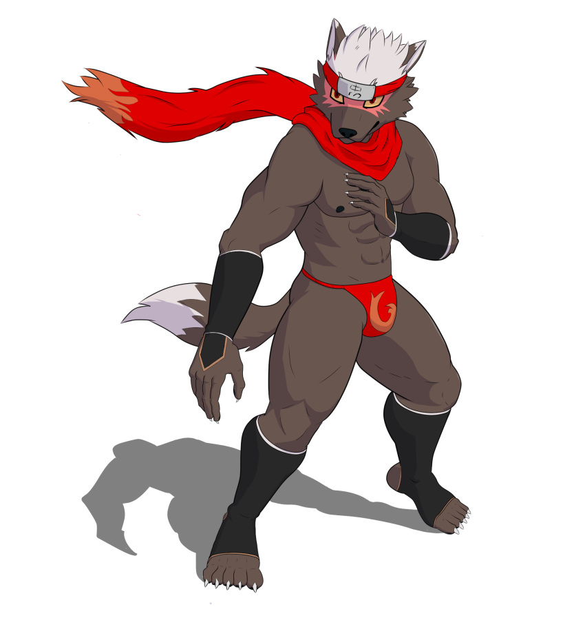 accessory anthro armor asian_clothing canid clothing east_asian_clothing fftempest fluffy fluffy_tail footwear fundoshi fur gauntlets gloves grey_body grey_fur hair handwear headband hi_res humanoid japanese_clothing long_socks male mammal mma muscular muscular_anthro muscular_male red_clothing red_eyes red_fundoshi red_headband red_scarf red_underwear scarf solo tadatomo tail thick_thighs toeless_footwear underwear white_hair yellow_sclera