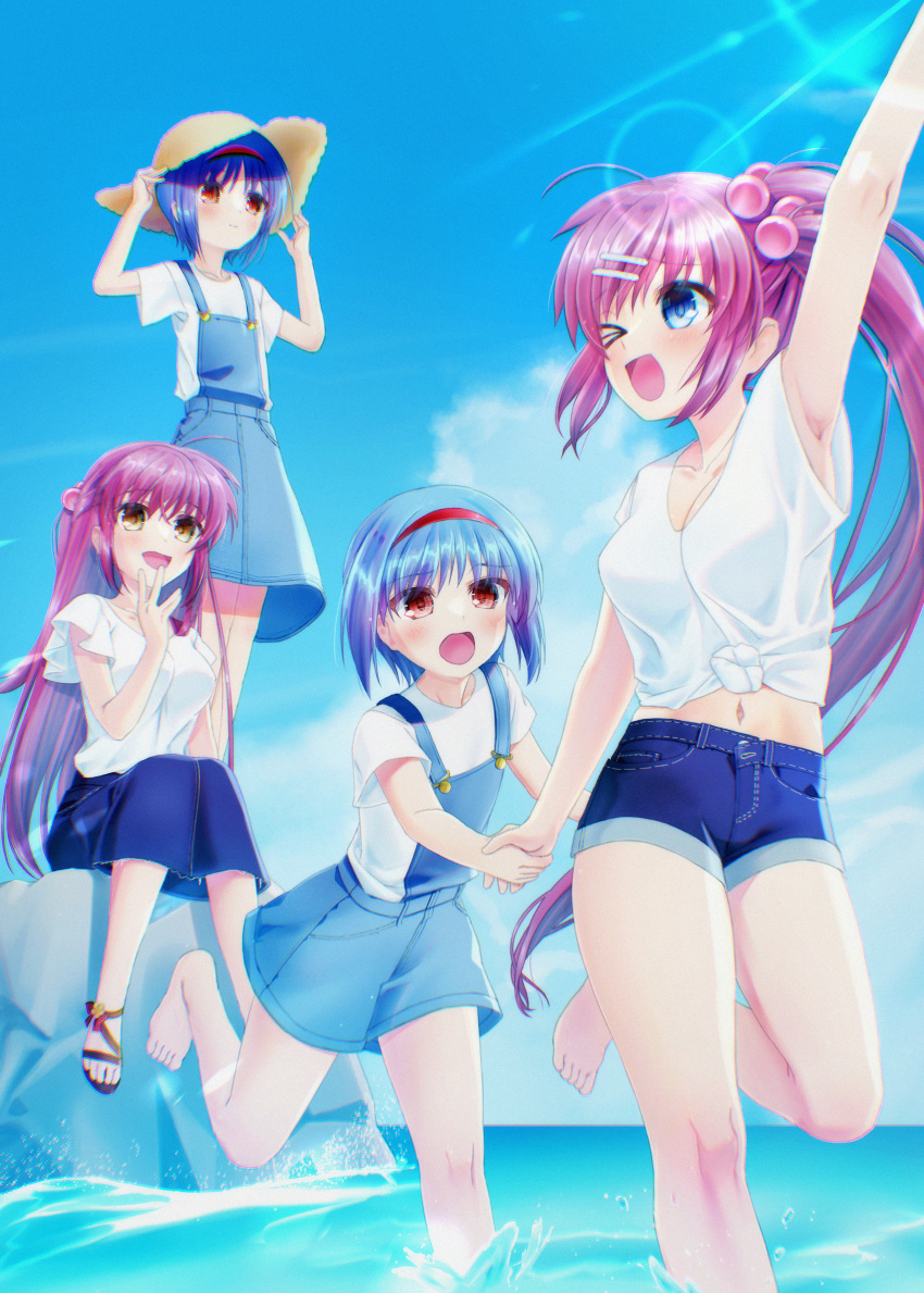 &gt;_o 4girls :d absurdres ahoge alternate_costume arm_up armpits barefoot blue_eyes blue_hair blue_overalls blue_sky blush breasts casual commentary_request day denim denim_shorts excited foot_out_of_frame frown futaki_kanata hair_between_eyes hair_bobbles hair_ornament hairband half_updo hand_up hands_on_headwear happy hat highres holding_hands little_busters! long_hair looking_at_another medium_breasts multiple_girls natsuoto_rito navel nishizono_midori nishizono_mio one_eye_closed one_side_up open_mouth outdoors overalls purple_hair red_eyes red_hairband saigusa_haruka sandals shirt short_hair short_sleeves shorts siblings side_ponytail sisters sitting sky smile soaking_feet standing standing_on_one_leg straight_hair straw_hat sunlight thighs trait_connection twins very_long_hair water white_shirt yellow_eyes