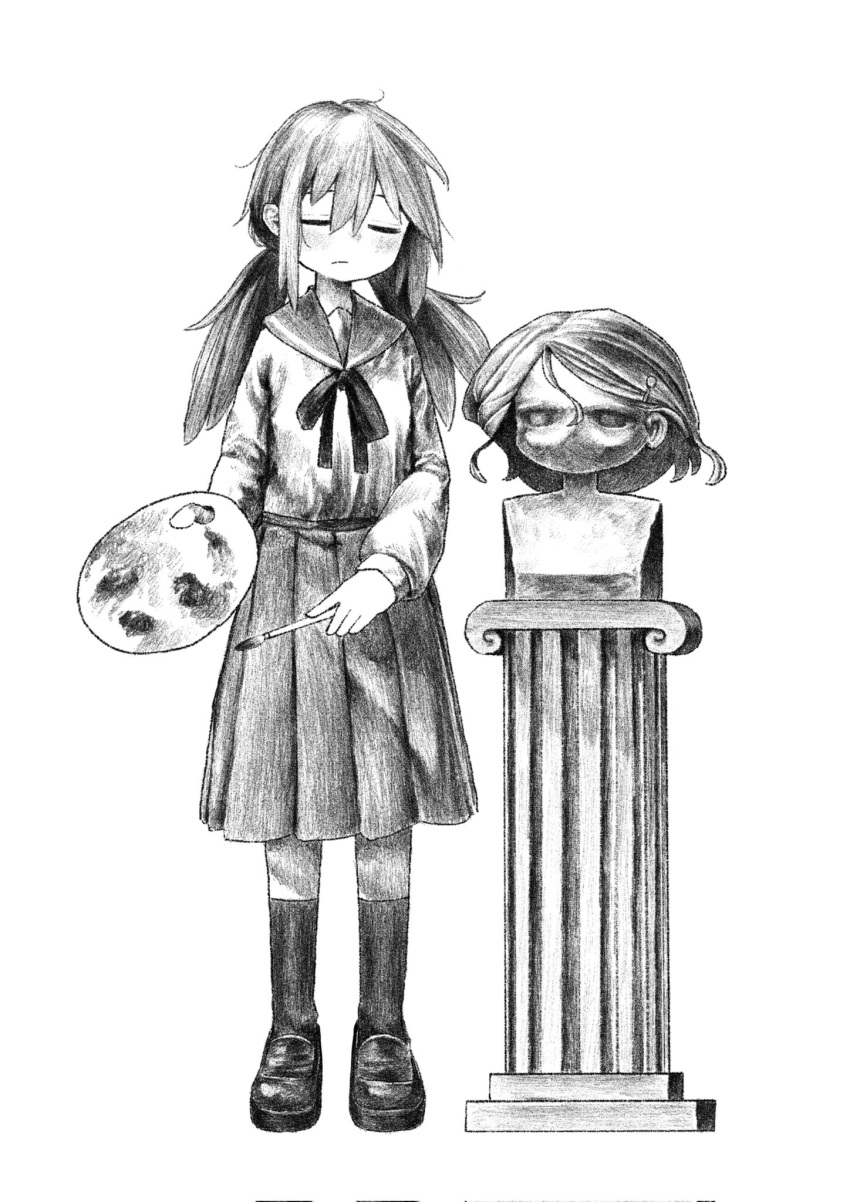 1girl blush bust_(sculpture) closed_eyes closed_mouth column expressionless full_body greyscale hair_between_eyes hair_ornament hairclip hands_up highres holding holding_paintbrush holding_palette kilsturgeon kneehighs long_hair long_sleeves low_twintails mary_janes medium_skirt messy_hair monochrome neck_ribbon neckerchief paint paintbrush palette_(object) parted_bangs pillar pleated_skirt raised_eyebrows ribbon sailor_collar school_uniform sculpture serafuku shaded_face shadow shimeji_simulation shirt shirt_tucked_in shoes simple_background single_sidelock skirt socks solo standing sumida_(shimeji_simulation) twintails white_background wig