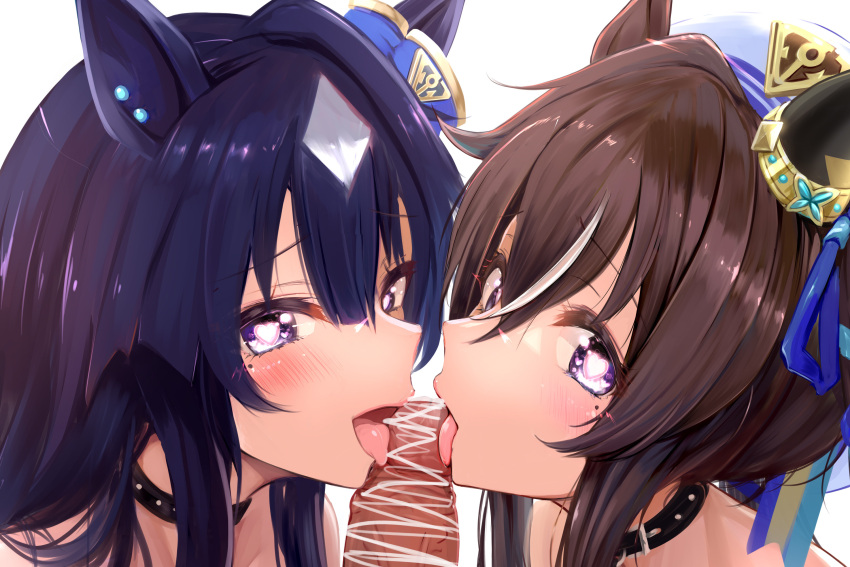 1boy 2girls animal_ears black_collar blue_hair blush brown_hair censored collar commentary_request cooperative_fellatio fellatio hat heart heart-shaped_pupils hetero highres horse_ears horse_girl kokoa_ninniku licking licking_penis mole mole_under_eye multicolored_hair multiple_girls oral penis purple_eyes siblings simple_background sisters spiked_collar spikes streaked_hair symbol-shaped_pupils tongue tongue_out umamusume upper_body verxina_(umamusume) vivlos_(umamusume) white_background white_hair white_headwear