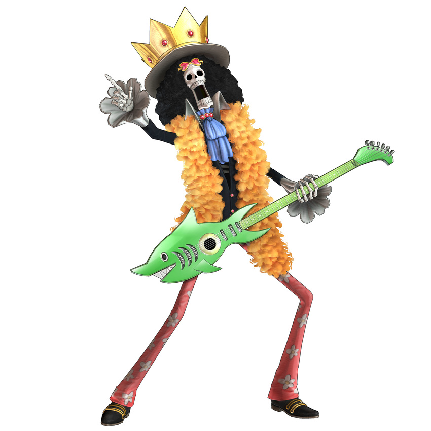 1:1 1boy 3d absurdres afro black_hair brook cravat crown feather_boa full_body guitar hat highres instrument male male_focus official_art one_piece one_piece:_pirate_warriors simple_background skeleton solo standing sunglasses white_background