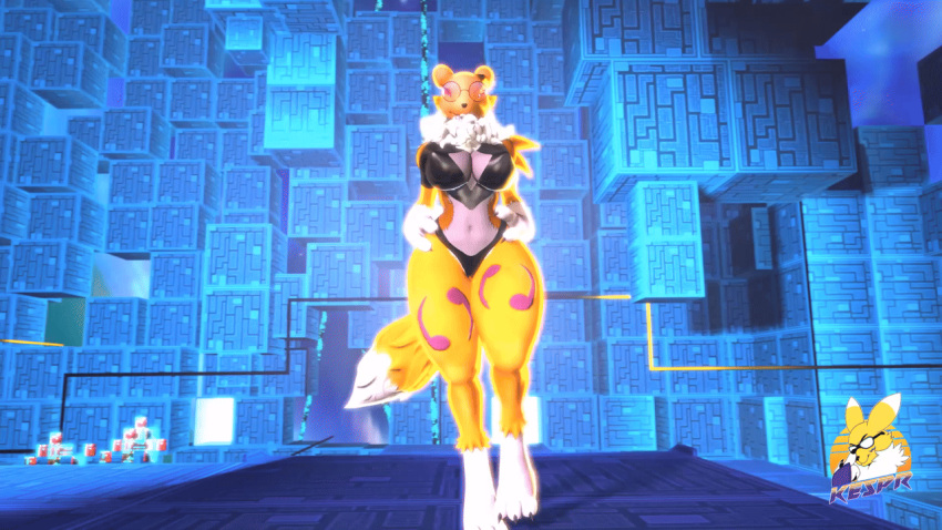 2024 3d_(artwork) animated anthro bandai_namco big_breasts biped black_clothing black_nose black_sclera blue_eyes blue_markings breasts cheek_tuft claws clothed clothing countershade_torso countershading crop_top digimon digimon_(species) digital_media_(artwork) digitigrade dipstick_ears dipstick_tail eye_markings eyewear facial_tuft female glasses gloves_(marking) hands_on_own_hips kespr leg_markings looking_at_viewer markings midriff multicolored_body multicolored_ears neck_tuft pince-nez rena_(yourdigimongirl) renamon shirt shoulder_tuft socks_(marking) solo tail tail_markings thick_thighs thigh_markings toe_claws tomoe_(symbol) topwear tuft two_tone_body walking white_body white_markings yellow_body