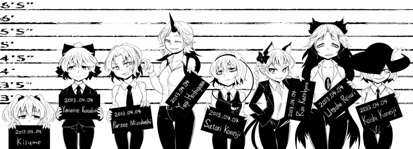 anger_vein animal_ears belt bow braid cat_ears cat_tail character_name contemporary covering_mouth covering_one_eye dated dress_shirt fang gradient_hair greyscale grin hair_bobbles hair_bow hair_ornament hand_in_pocket hat hat_ribbon headband heart height_chart highres horn hoshiguma_yuugi jacket kaenbyou_rin kinokodake kisume komeiji_koishi komeiji_satori kurodani_yamame lineup long_hair looking_at_viewer looking_away mizuhashi_parsee monochrome multicolored_hair multiple_girls multiple_tails necktie one_eye_closed pants pointy_ears reiuji_utsuho ribbon scowl shirt short_hair smile star subterranean_animism tail third_eye touhou twintails vest wings