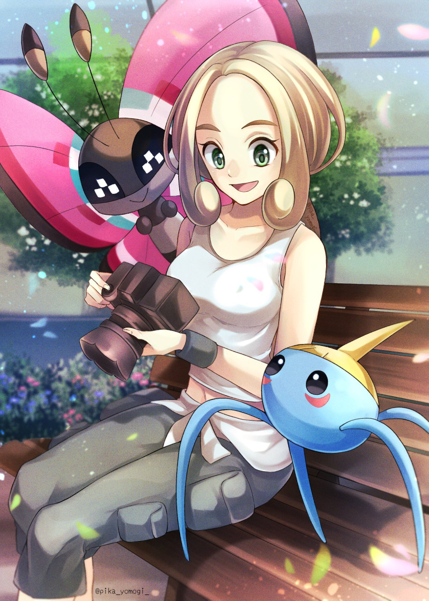 1girl bare_arms bare_shoulders blonde_hair breasts bug butterfly camera capri_pants collarbone green_eyes green_pants green_wristband highres holding holding_camera large_breasts medium_breasts midriff pants parted_bangs pokemon pokemon_(creature) pokemon_xy shirt sleeveless sleeveless_shirt surskit thick_eyebrows viola_(pokemon) vivillon white_shirt yomogi_(black-elf)