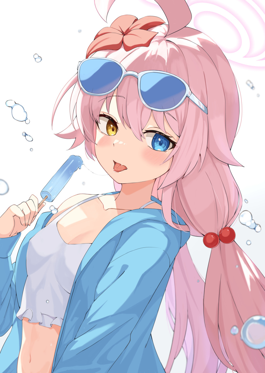 1girl absurdres ahoge blue_archive blue_jacket blush breasts eyewear_on_head feza_chen_(ushaku) food highres holding holding_food hoshino_(blue_archive) hoshino_(swimsuit)_(blue_archive) jacket looking_at_viewer navel official_alternate_costume open_clothes open_jacket pink_hair popsicle simple_background small_breasts solo sunglasses tongue tongue_out upper_body water_drop white_background yellow_eyes