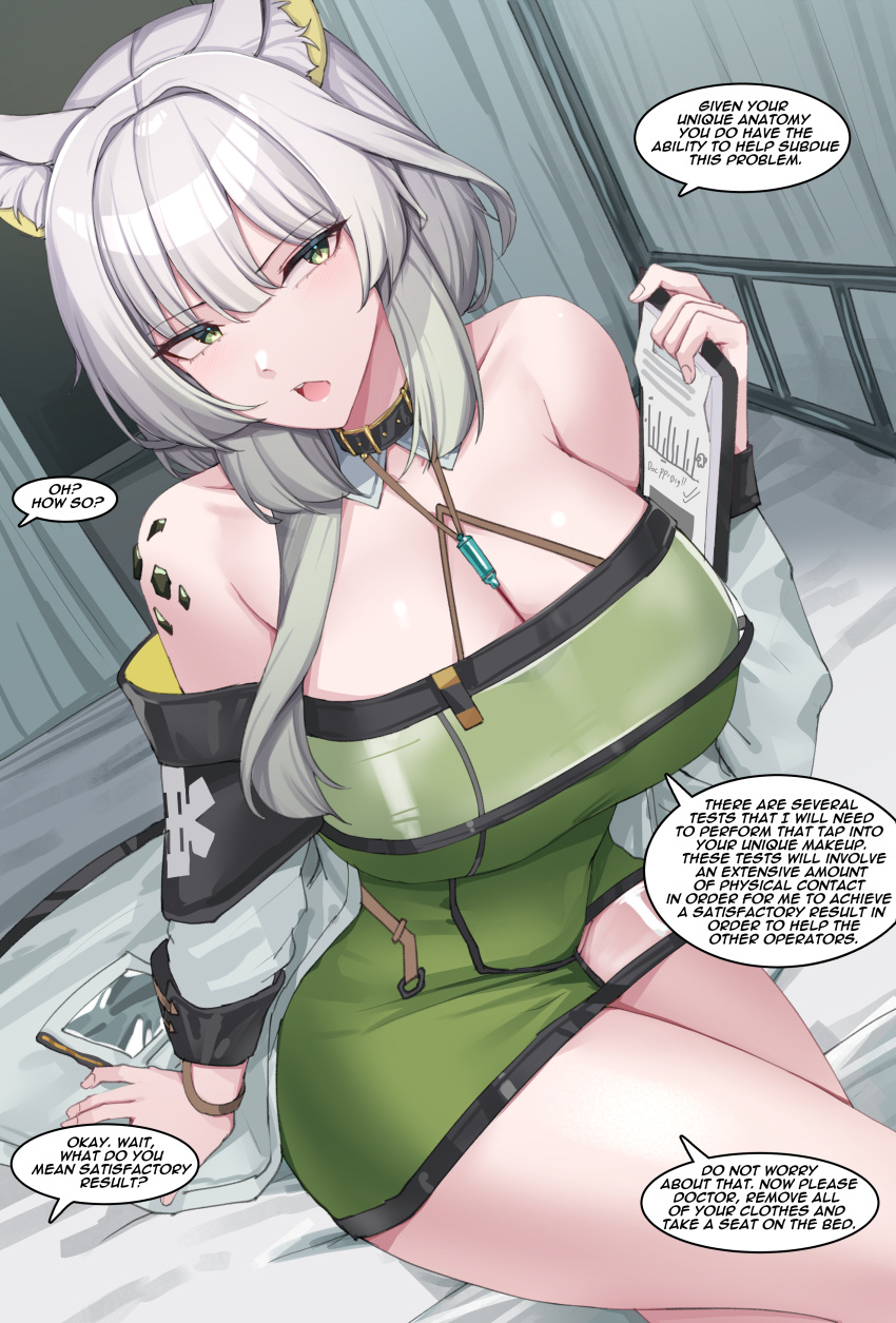 1girl absurdres animal_ear_fluff animal_ears arknights arm_support bare_shoulders black_choker breasts cat_ears choker cleavage commentary dress green_dress green_eyes halterneck hand_up highres indoors kal'tsit_(arknights) kanta_(kanta_077) large_breasts long_hair off_shoulder open_mouth pencil_dress short_dress sitting solo speech_bubble thighs white_hair
