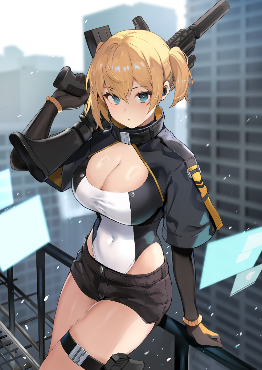 1girl absurdres against_railing arm_up assault_rifle black_gloves blonde_hair blush bracelet breasts building buttons cleavage cleavage_cutout clothing_cutout covered_navel cowboy_shot cropped_jacket earpiece elbow_gloves english_commentary expressionless gloves gun hair_between_eyes handgun highres holding holding_gun holding_weapon holographic_interface holster jewelry large_breasts leotard light_particles looking_at_viewer medium_hair on_shoulder original outdoors parted_lips railing rifle rooftop ryou_(ponpgo) science_fiction shiny_skin short_shorts short_sleeves short_twintails shorts skyline skyscraper solo thigh_holster twintails weapon