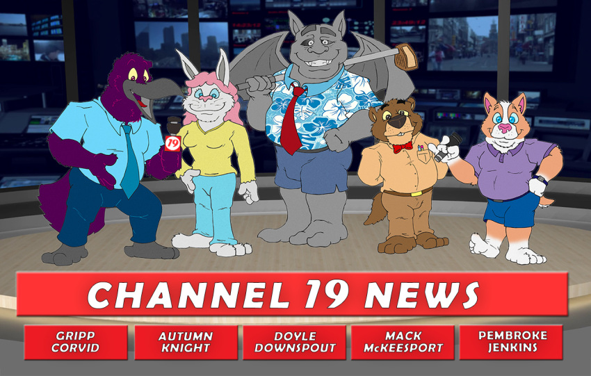 aloha_shirt anchorwoman anthro autumn_knight avian bear bird black_body black_feathers blue_bottomwear blue_clothing blue_dress_shirt blue_eyes blue_hawaiian_shirt blue_necktie blue_pants blue_sclera blue_shorts border bottomwear brown_belt brown_bottomwear brown_clothing brown_nose brown_pants brucebadger canid canine canis clothing corvid corvus_(genus) domestic_dog doyle_downspout electronics english_text feathers female fur gargoyle gripp_corvid ground_squirrel groundhog group hair herding_dog lagomorph leporid mack_mckeesport male mammal marmot microphone necktie orange_body orange_fur oscine pants passerine pastoral_dog pattern_clothing pattern_shirt pattern_topwear pembroke_jenkins pink_hair pink_nose rabbit raven red_border red_bowtie red_necktie rodent sciurid shirt shorts smile t-shirt tan_body tan_fur text tongue tongue_out topwear welsh_corgi white_hawaiian_shirt white_text yellow_clothing yellow_sclera yellow_shirt yellow_t-shirt yellow_topwear