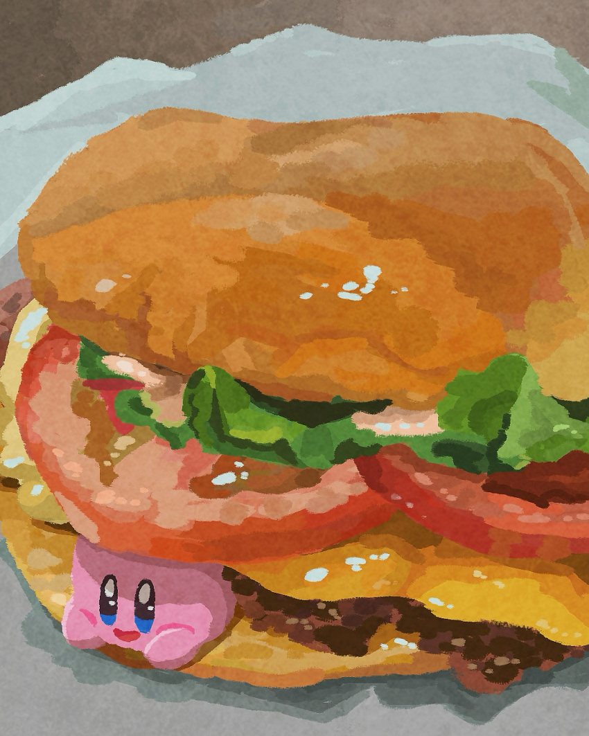 bread burger cheese commentary fast_food food food_focus highres in_food kirby kirby_(series) lettuce meat miclot no_humans tomato tomato_slice