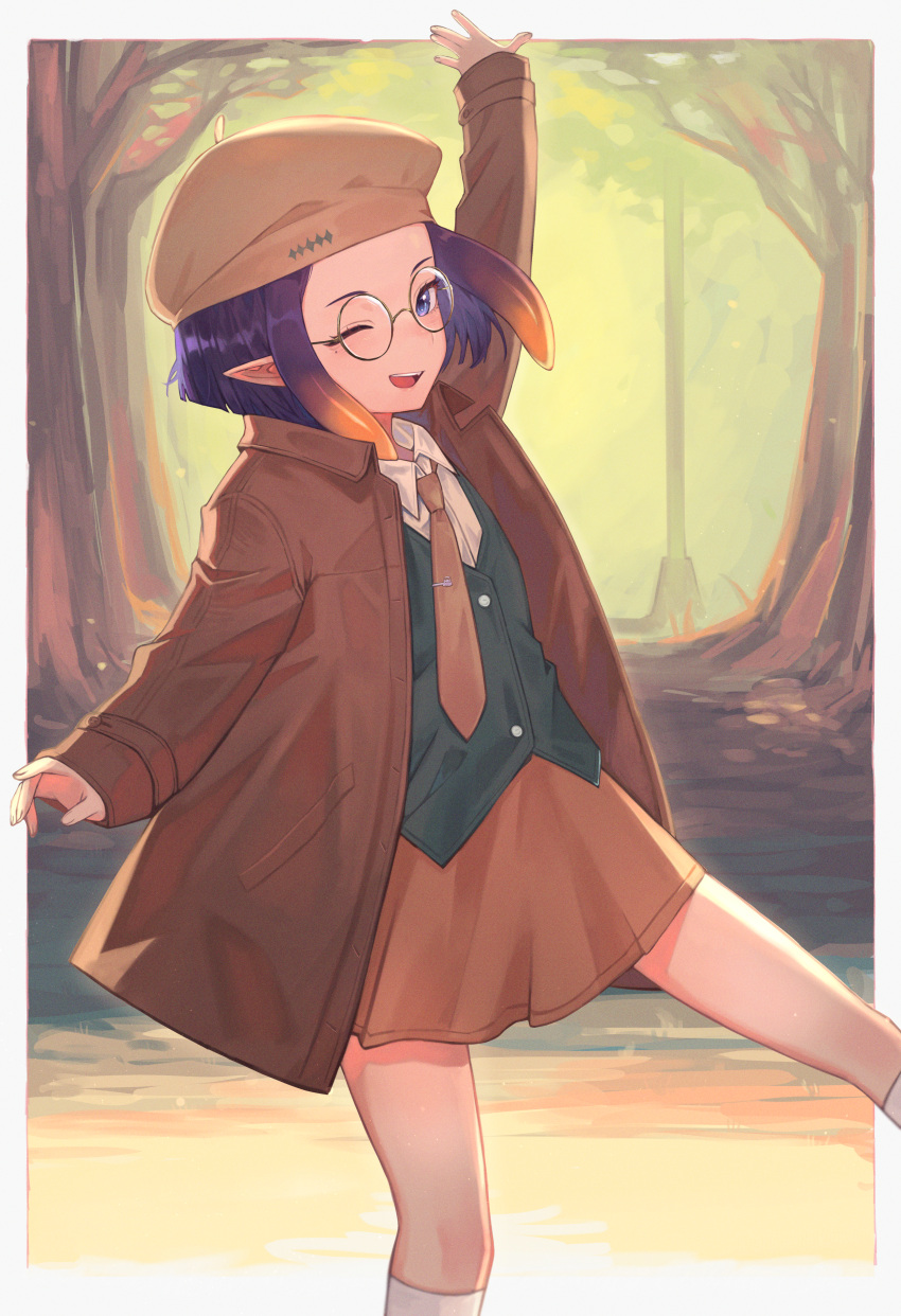 1girl absurdres alternate_costume arm_up bare_legs beret blue_eyes brown_coat brown_headwear brown_necktie brown_skirt coat collared_coat collared_shirt commentary forehead glasses gradient_hair green_vest hat highres hololive hololive_english kiwwwwwi lamppost long_sleeves looking_at_viewer mole mole_under_eye multicolored_hair necktie ninomae_ina'nis orange_hair outdoors pointy_ears purple_hair shirt short_hair skirt socks solo tentacle_hair tentacles tree vest virtual_youtuber white_shirt white_socks