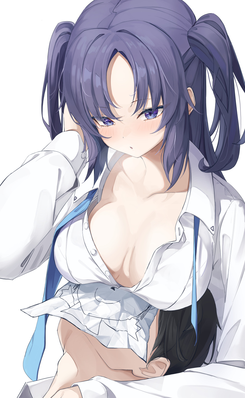 1boy 1girl absurdres black_hair blue_archive blue_necktie blush breasts buttons collared_shirt hayaku_koko highres large_breasts long_hair long_sleeves necktie paper parted_lips purple_eyes purple_hair sensei_(blue_archive) shirt short_hair simple_background two_side_up undone_necktie white_background white_shirt yuuka_(blue_archive)